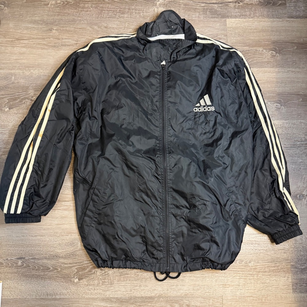 Vintage Adidas Windbreaker Jacket Black White Striped 90s Large Logo Mens XL